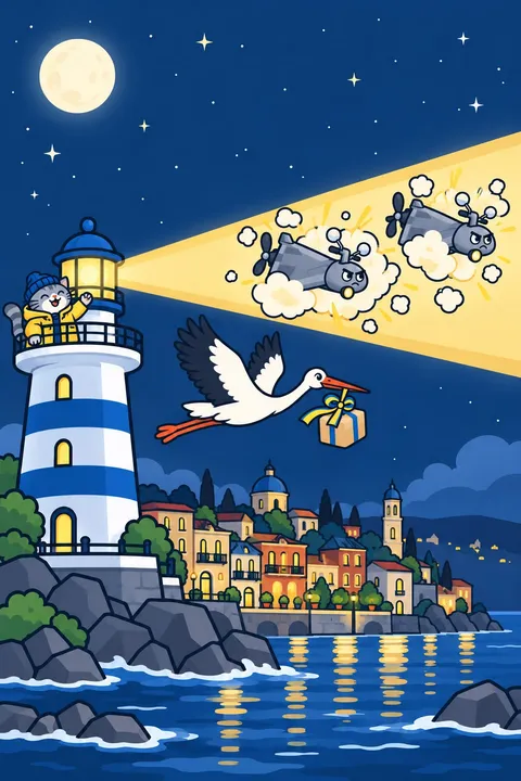 A lighthouse on a cape shines its beam into the night sky; drones in the beam turn into cotton puffs, a stork with a parcel flies past.