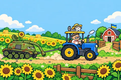 A blue tractor with a farmer and a cat on its roof tows a sleepy tank with a sunflower in the hatch toward a farmyard.